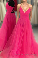 V Neck A-line Hot Pink Long Semi Formal Prom Dress with Lace-up Back